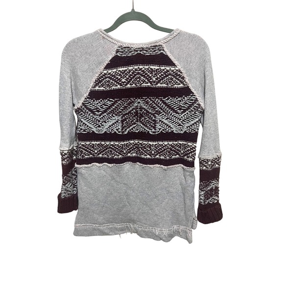 Free People Mixed Media Sweater XS Burgundy‎ Gray Aztec Distressed Pullover - Picture 5 of 8